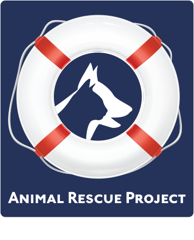 Animal Rescue Project Logo. Depicts a silhouette of a dog and cat within a red and white lifesaver buoy.